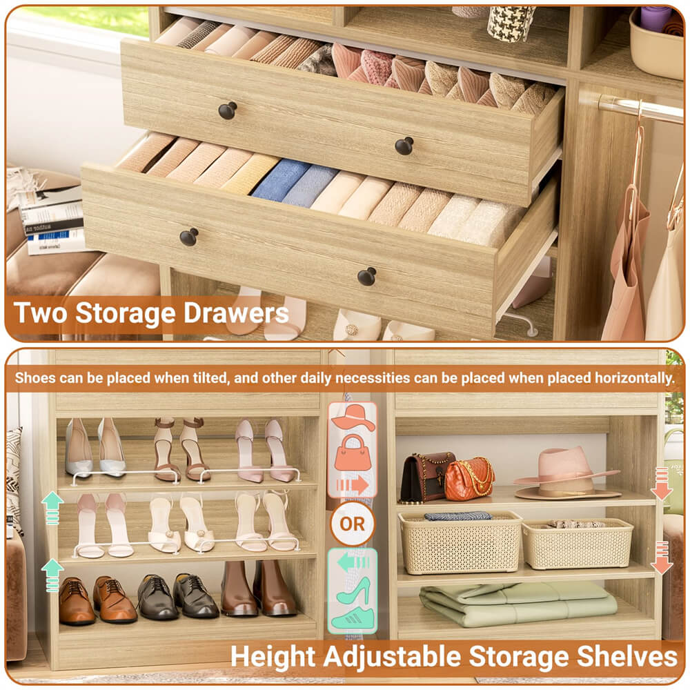 5FT Closet System with 2 Wood Drawers, 2 Hanging Rods & Shelf Towers, Reversible, Wall-Mount