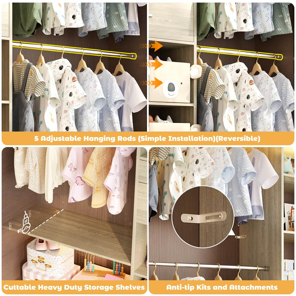 Closet Organizer System - 8FT Kids' Closet System with Cube Storage Organizer and 5 Hanging Rods