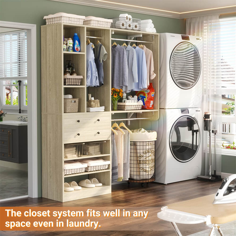 5FT Closet System with 2 Wood Drawers, 2 Hanging Rods & Shelf Towers, Reversible, Wall-Mount