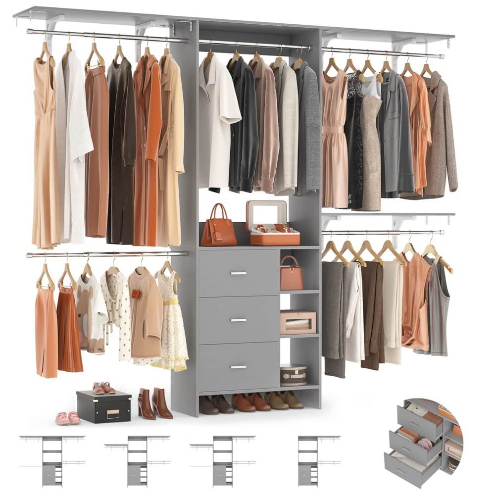 96 Inch Heavy Duty Walk In Closet System with 3 Wooden Drawers and 4 Adjustable Hanging Rods, Fits 5.3-9 ft