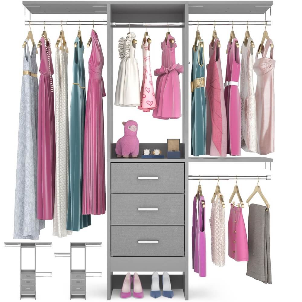 4FT Small Closet System with 3 Fabric Drawers, and 3 Adjustable Shelves