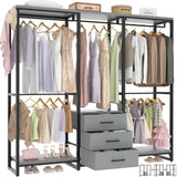 Unikito Garment Rack Heavy Duty Clothes Rack for Hanging Clothes, Wood Clothing Rack with 3 Drawers Freestanding Closet Wardrobe Rack, Multi-Functional Corner L Shaped Closet System Organizers