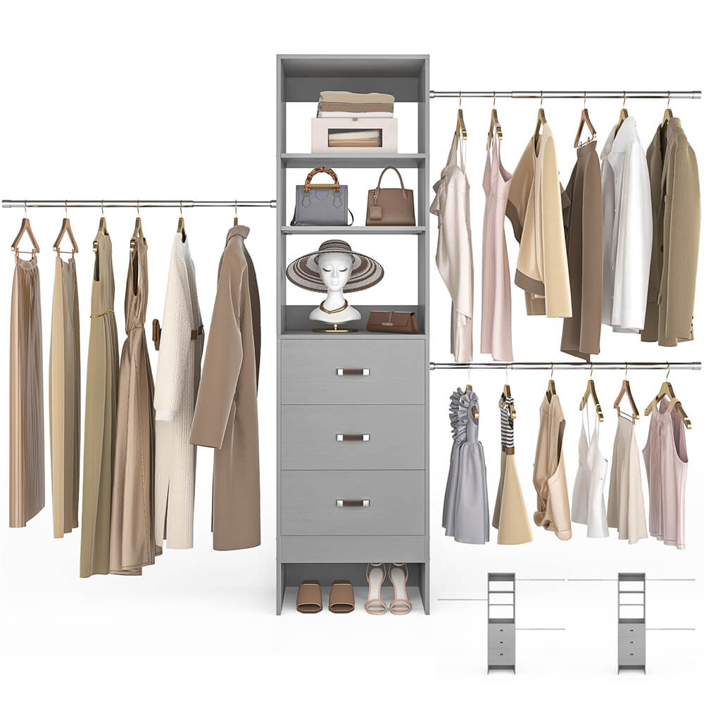 96 inch Closet Organizer System with 3 Wood Drawers and 3 Hanging Rods, Freestanding, and Adjustable