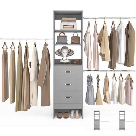 96 inch Closet Organizer System with 3 Wood Drawers and 3 Hanging Rods, Freestanding, and Adjustable