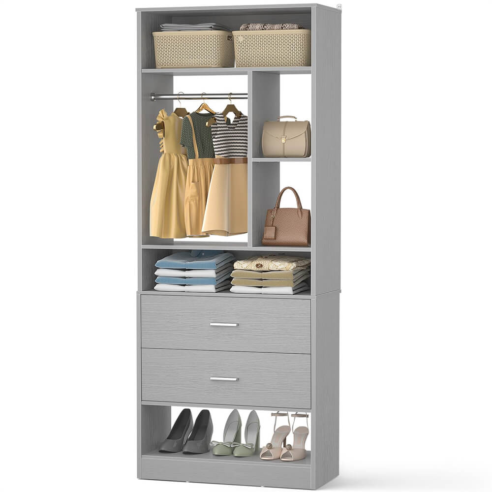 24 Inch Freestanding Closet System with 2 Wood Drawers, 2FT Small Closet Organizer System with Hanging Rod & Shelves, 24" L x 15" W x 80" H