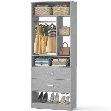 24 Inch Freestanding Closet System with 2 Wood Drawers, 2FT Small Closet Organizer System with Hanging Rod & Shelves, 24" L x 15" W x 80" H