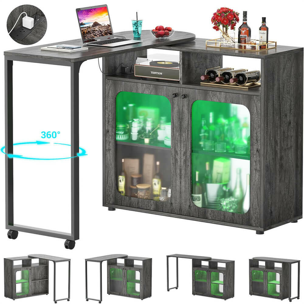 Unikito 360° Rotating Bar Cabinet, 59" Home Bar with LED Light & Charging Station, Double-Sided Foldable Liquor Wine Cabinet with Storage for Bar, Liquor, Coffee, Dining, Working