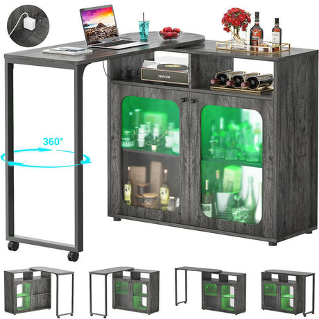 Unikito 360° Rotating Bar Cabinet, 59" Home Bar with LED Light & Charging Station, Double-Sided Foldable Liquor Wine Cabinet with Storage for Bar, Liquor, Coffee, Dining, Working