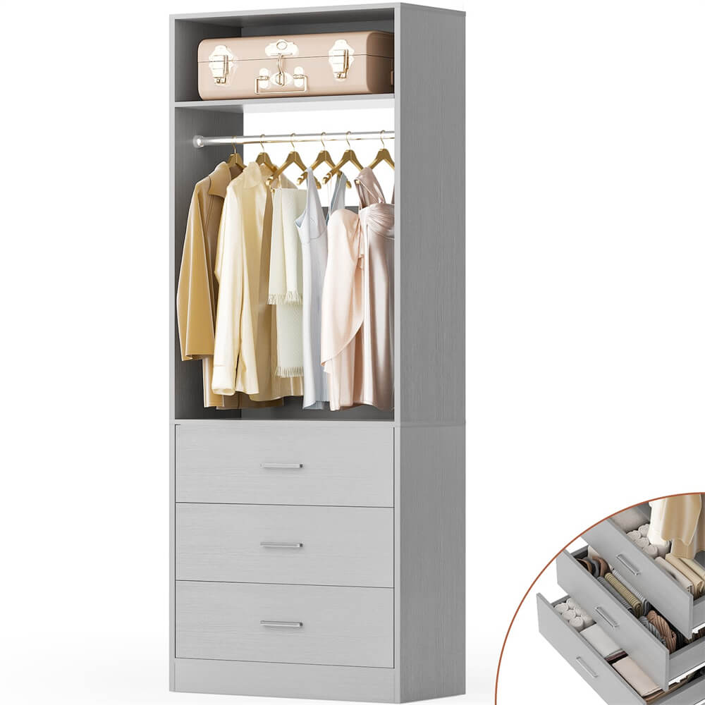 2FT  Freestanding Closet System with 3 Wood Drawers, Closet Organizer with Hanging Rod & Shelves, 24"L x 15" W x 80" H