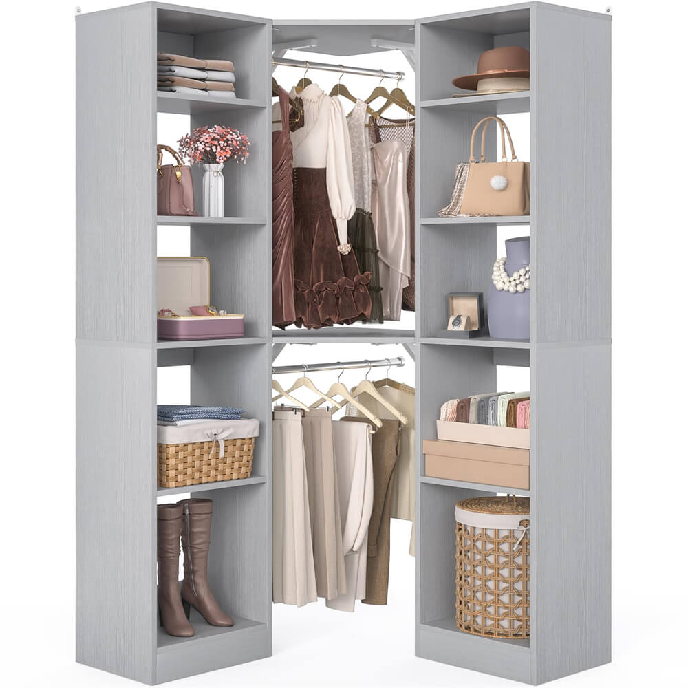 40 Inch L Shaped Corner Closet System, with 12 Shelves, 2 Hanging Rods, 6-Tier Design