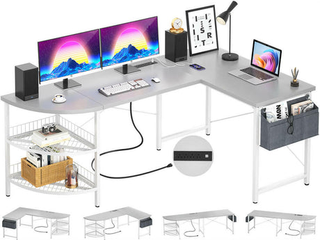 Unikito L Shaped Desk with Power Outlet, 98.4" Reversible Corner Computer Table with Storage Shelves and Bag, Modern 2 Person Large Long Desk for Home Office Writing Study Workstation