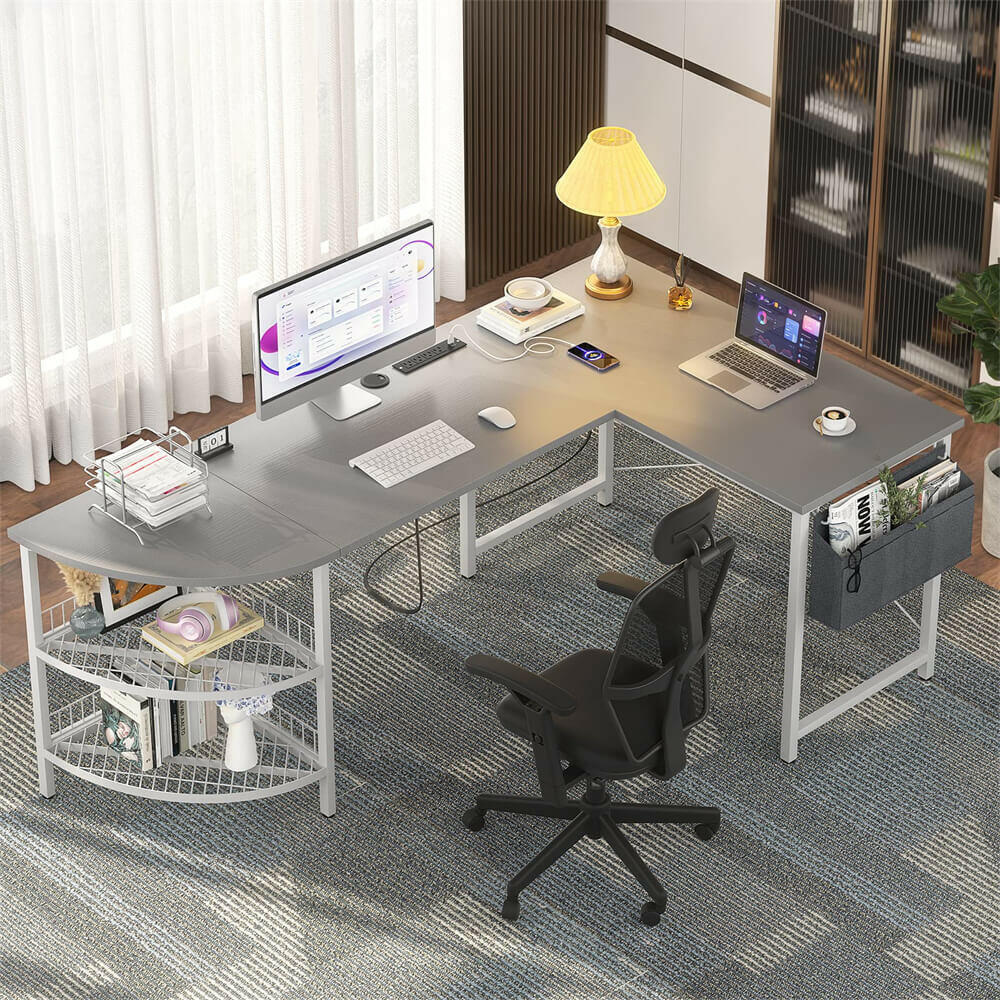 Unikito L Shaped Desk with Power Outlet, 98.4" Reversible Corner Computer Table with Storage Shelves and Bag, Modern 2 Person Large Long Desk for Home Office Writing Study Workstation