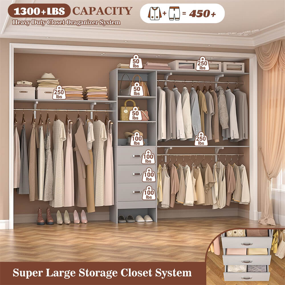 10FT Closet System with 3 Drawers, Walk In Closet Organizer with 3 Shelf Towers, 120" L x 16" W x 75" H, Max Load 1300 LBS