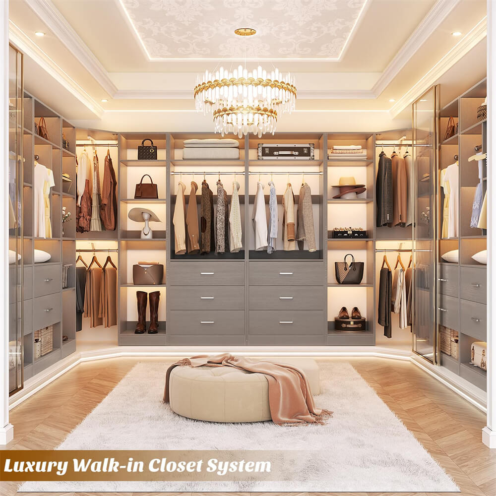 3-In-1 Freestanding Closet System, Closet Organizer with 5 Wood Drawers, 4 Hanging Rods, Reversible, 63.2"L x 63.2"W x 80"H, Load 2000+LBS