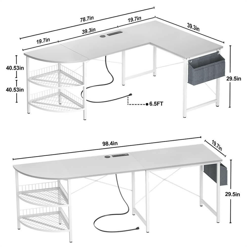 Unikito L Shaped Desk with Power Outlet, 98.4" Reversible Corner Computer Table with Storage Shelves and Bag, Modern 2 Person Large Long Desk for Home Office Writing Study Workstation