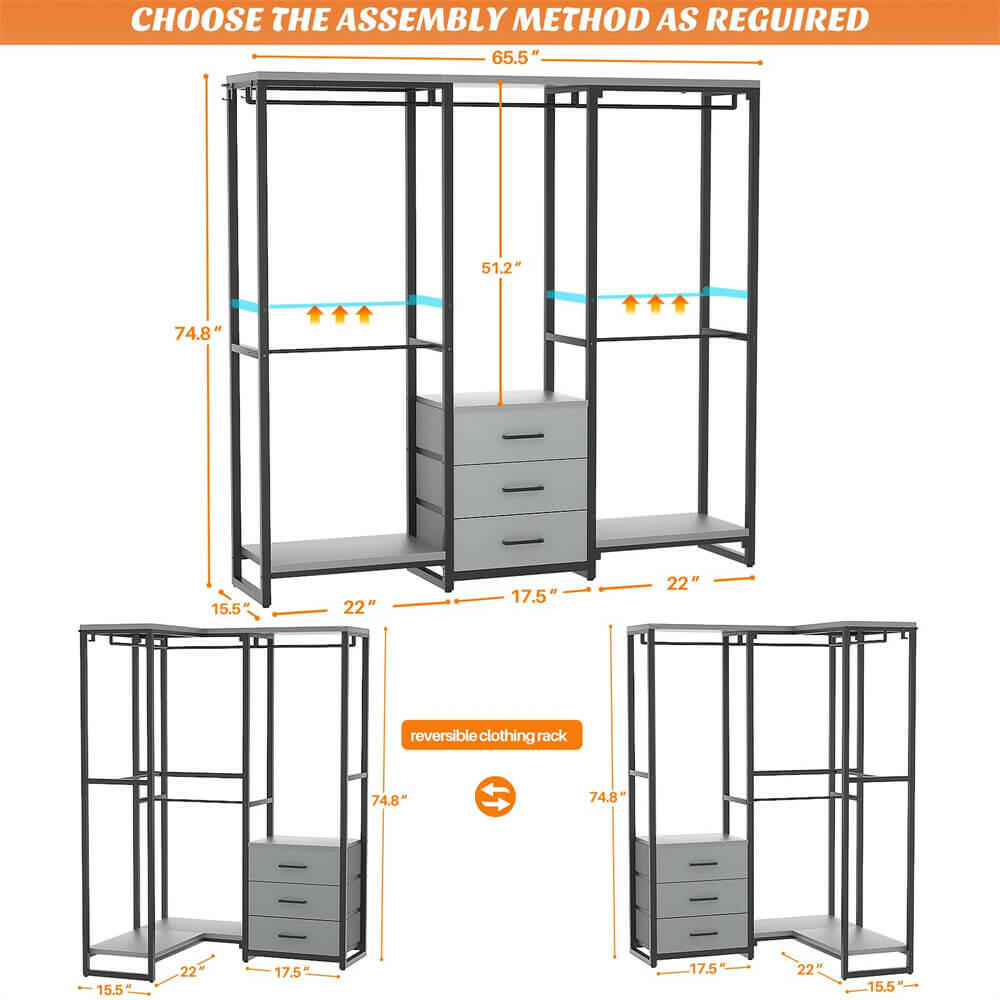 Unikito Garment Rack Heavy Duty Clothes Rack for Hanging Clothes, Wood Clothing Rack with 3 Drawers Freestanding Closet Wardrobe Rack, Multi-Functional Corner L Shaped Closet System Organizers