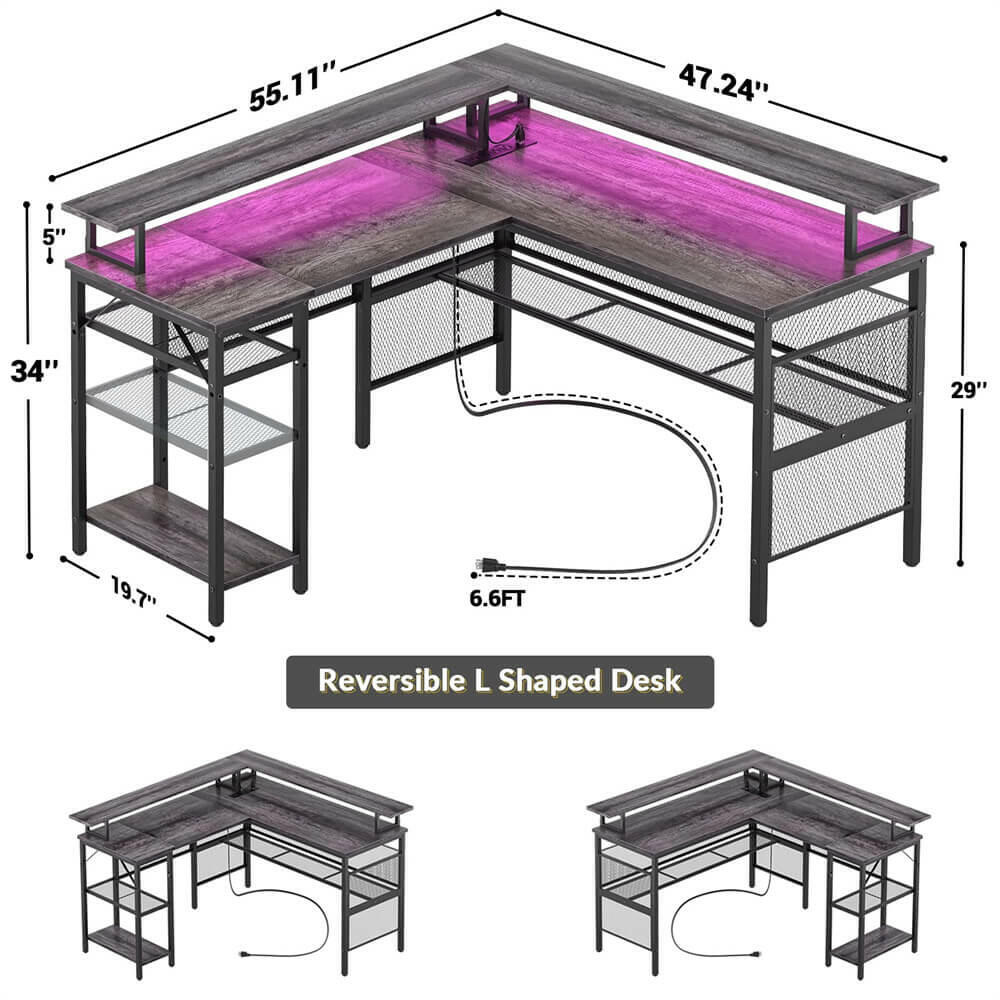 Unikito Reversible L Shaped Desk, Cool 55 Inch Corner Computer Desk with Smart Strip Light and Magic Power Outlet, Sturdy Office Table with Monitor Stand and Shelf, Elegant Grid Design