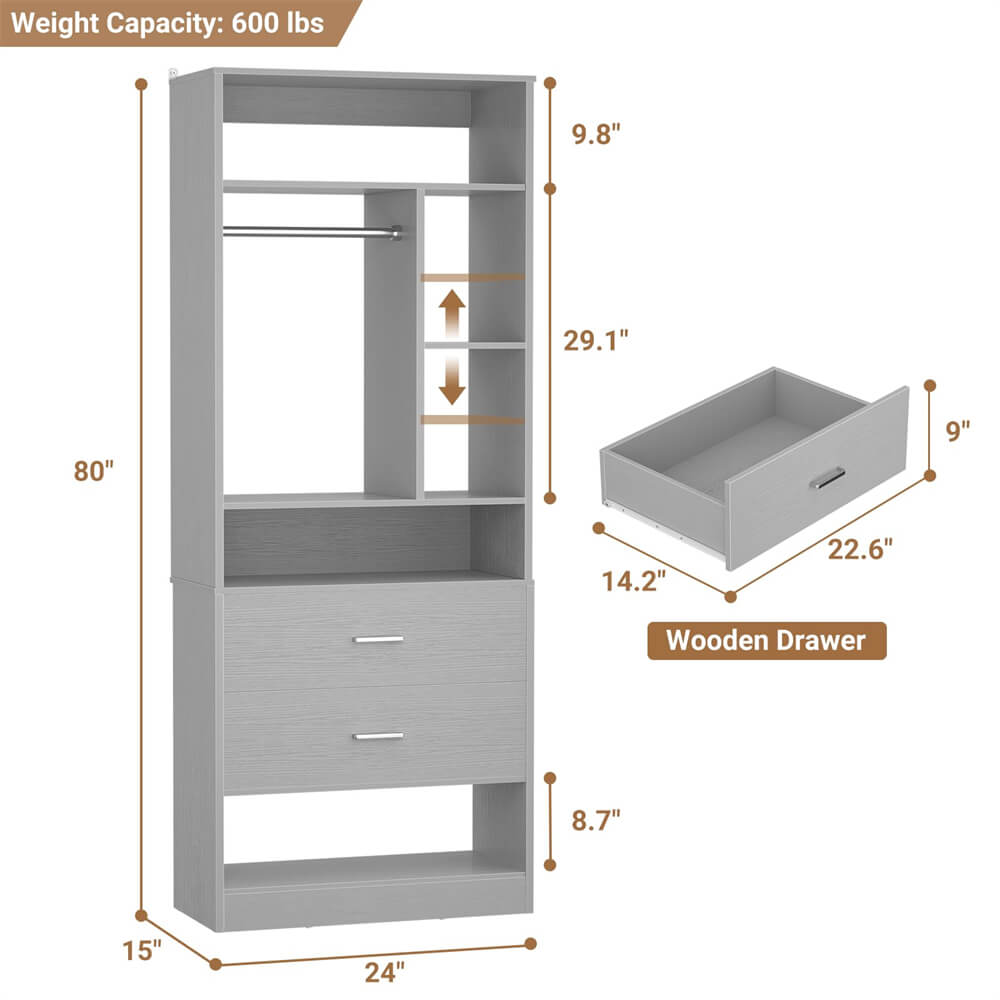 24 Inch Freestanding Closet System with 2 Wood Drawers, 2FT Small Closet Organizer System with Hanging Rod & Shelves, 24" L x 15" W x 80" H