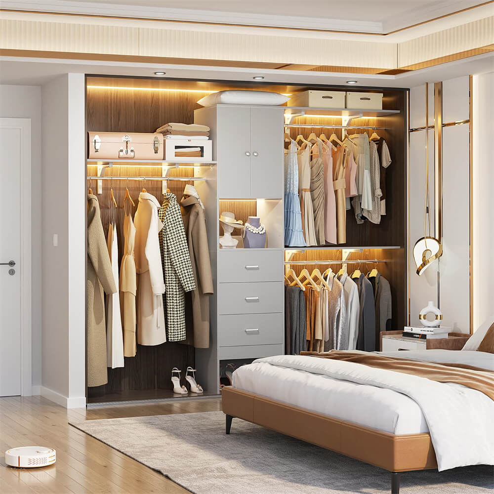 96 Inch Closet System with 3 Wood Drawers, 8FT Closet Organizer with Doors and 3 Shelve Towers, 1000 LBS Load, 96" L x 16" W x 75" H