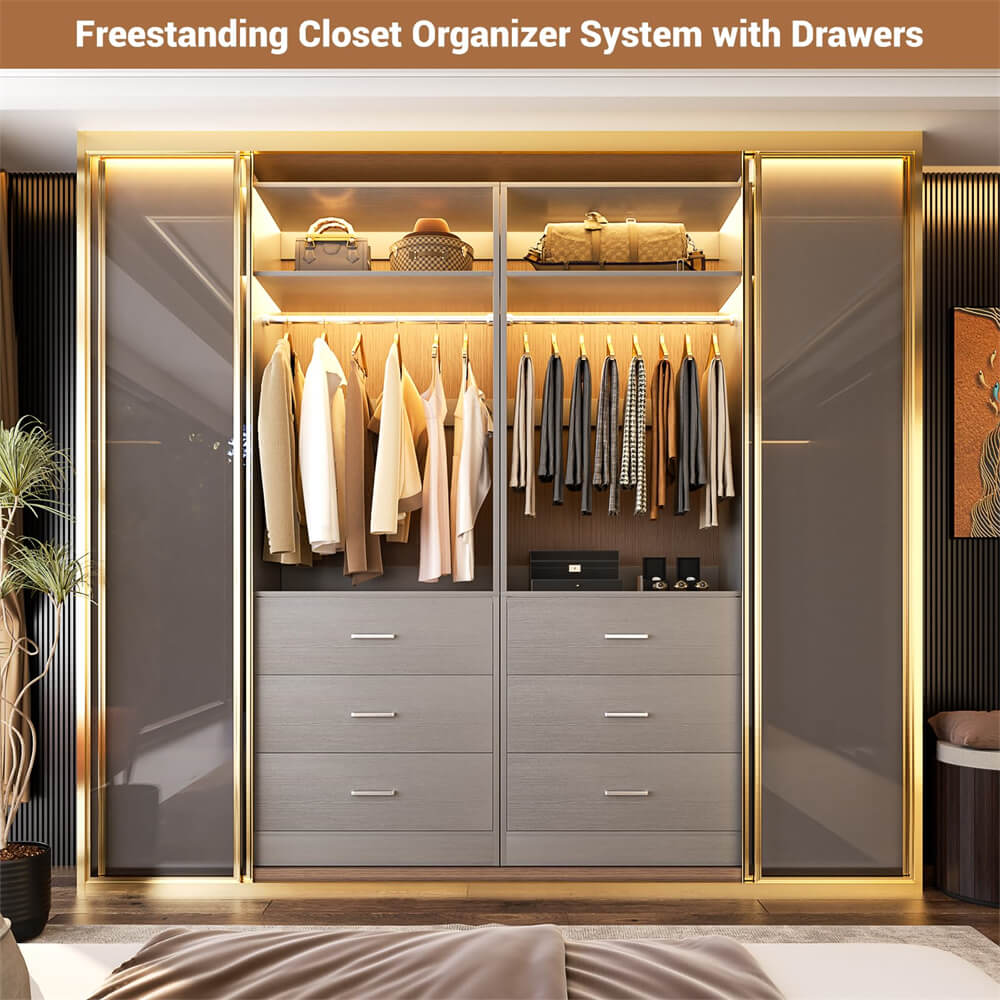 2FT  Freestanding Closet System with 3 Wood Drawers, Closet Organizer with Hanging Rod & Shelves, 24"L x 15" W x 80" H