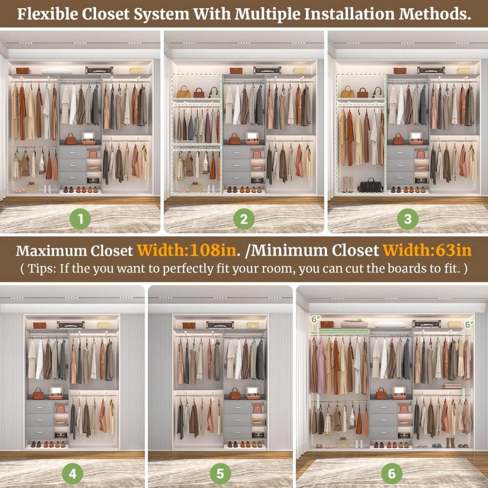 96 Inch Heavy Duty Walk In Closet System with 3 Wooden Drawers and 4 Adjustable Hanging Rods, Fits 5.3-9 ft