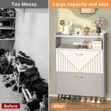 Unikito Shoe Cabinet with Flip Doors, Shoes Storage Organizer with Motion Sensor Led Light, Entryway Wood Freestanding Tipping Bucket Shoe Rack with Open Shelves for Closet, Living Room