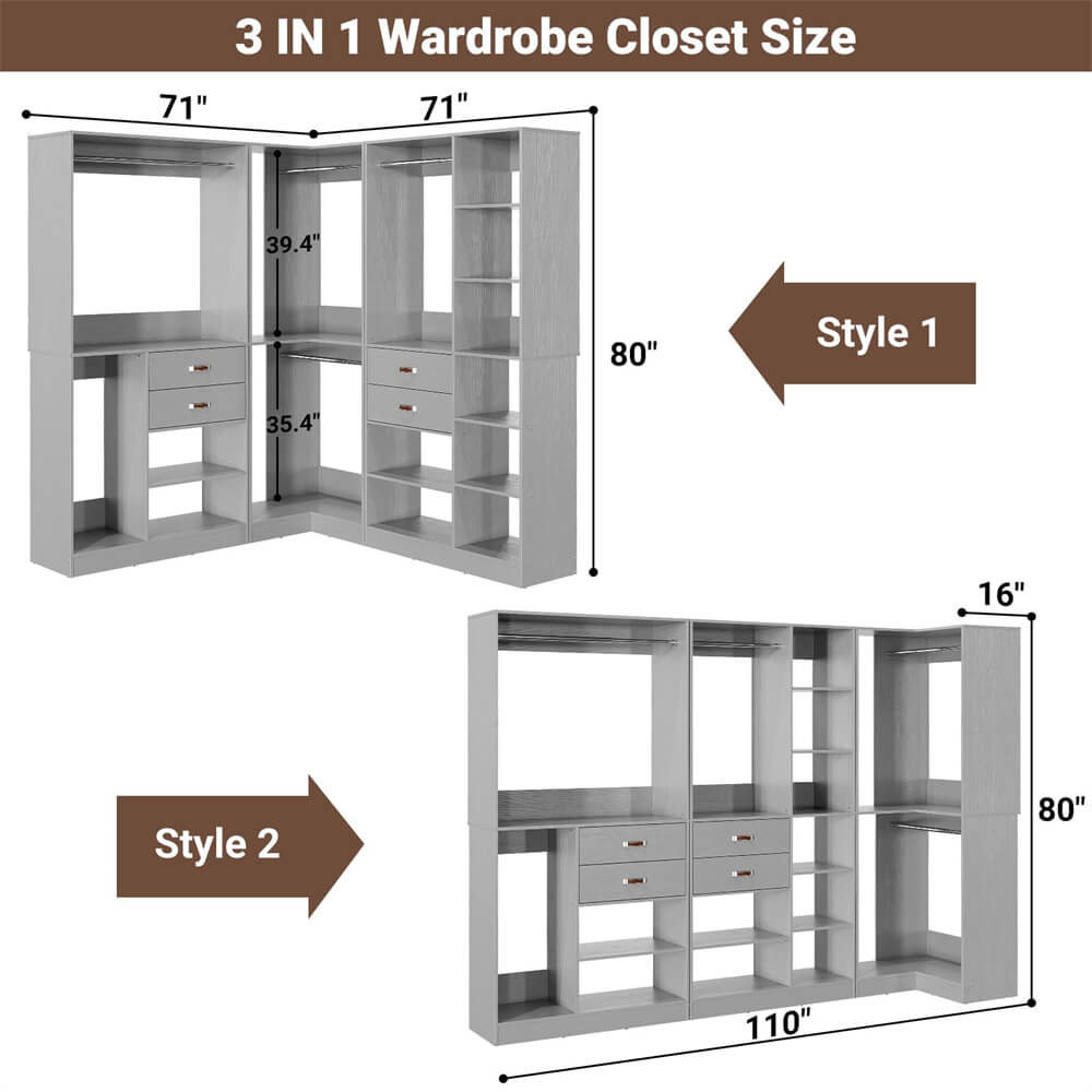 Unikito Freestanding Closet System with 3 Sets, 110'' Reversible Stand-alone Wardrobe, 80'' Height Cloth Garment Organizer, Walk-in Closet with Hanging Rod, 71"L x 71"W x 80"H, Load 2500 LBS