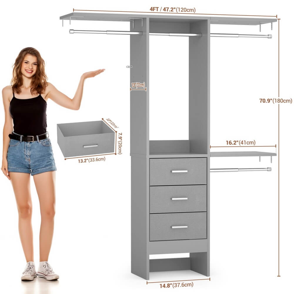 4FT Small Closet System with 3 Fabric Drawers, and 3 Adjustable Shelves