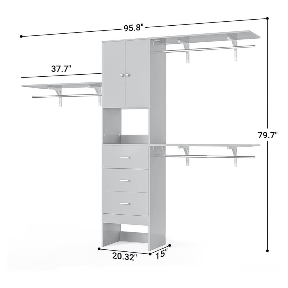 96 Inch Closet System with 3 Wood Drawers, 8FT Closet Organizer with Doors and 3 Shelve Towers, 1000 LBS Load, 96" L x 16" W x 75" H