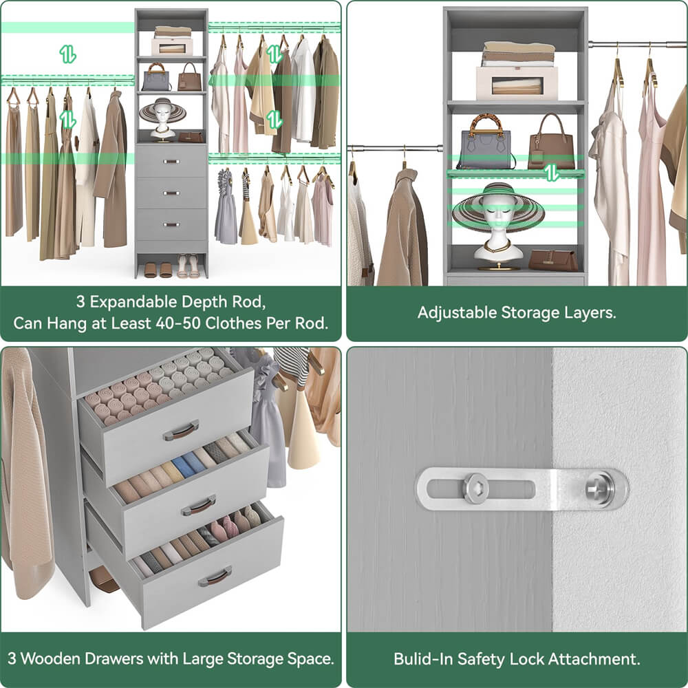 96 inch Closet Organizer System with 3 Wood Drawers and 3 Hanging Rods, Freestanding, and Adjustable