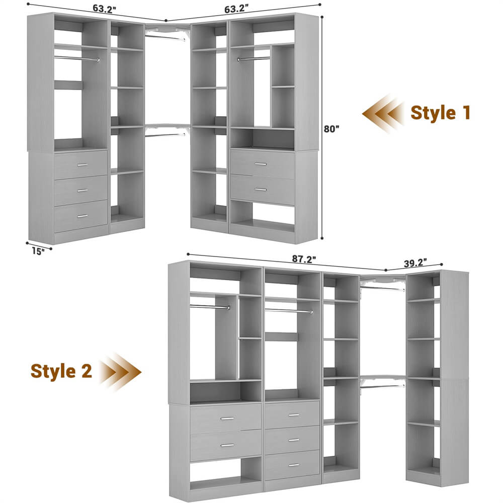 3-In-1 Freestanding Closet System, Closet Organizer with 5 Wood Drawers, 4 Hanging Rods, Reversible, 63.2"L x 63.2"W x 80"H, Load 2000+LBS