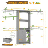 96 Inch Heavy Duty Walk In Closet System with 3 Wooden Drawers and 4 Adjustable Hanging Rods, Fits 5.3-9 ft