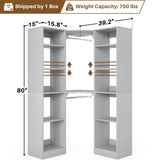 40 Inch L Shaped Corner Closet System, with 12 Shelves, 2 Hanging Rods, 6-Tier Design