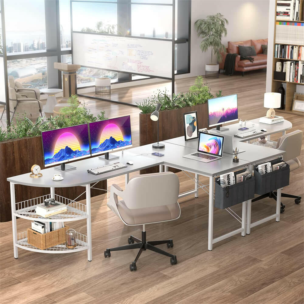 Unikito L Shaped Desk with Power Outlet, 98.4" Reversible Corner Computer Table with Storage Shelves and Bag, Modern 2 Person Large Long Desk for Home Office Writing Study Workstation