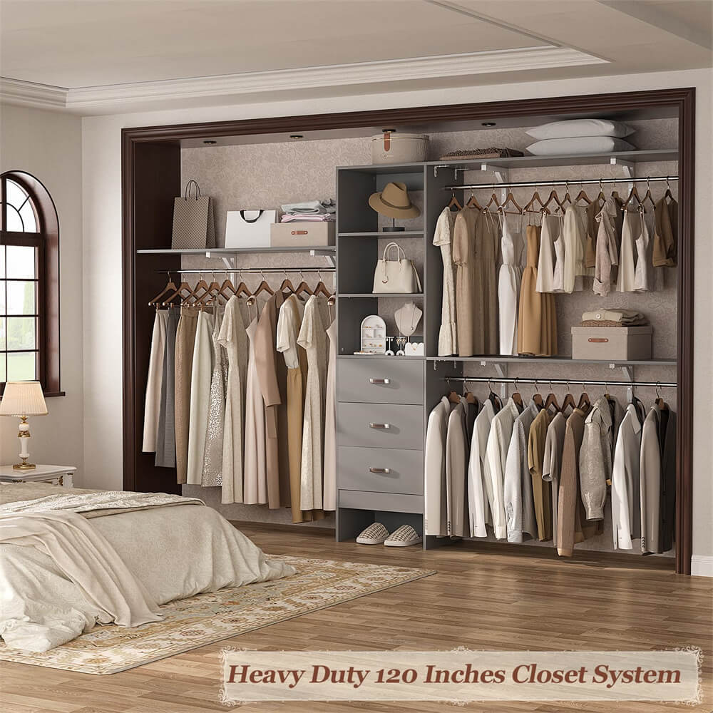 10FT Closet System with 3 Drawers, Walk In Closet Organizer with 3 Shelf Towers, 120" L x 16" W x 75" H, Max Load 1300 LBS