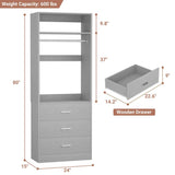 2FT  Freestanding Closet System with 3 Wood Drawers, Closet Organizer with Hanging Rod & Shelves, 24"L x 15" W x 80" H