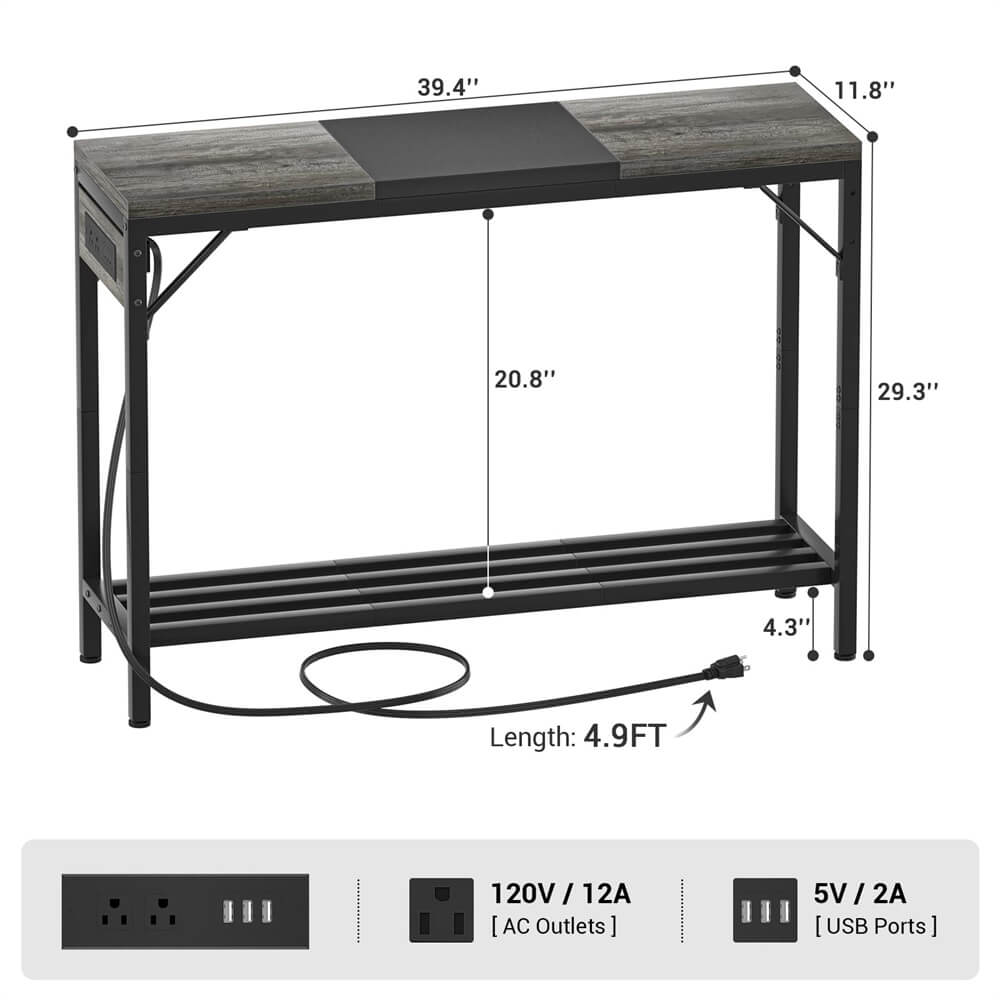 Unikito 39'' Narrow End Table with Power Strips, Sofa Table with Storage and Shelf, 2-Tier Console Table for Entry Way, Hallway, Living Room