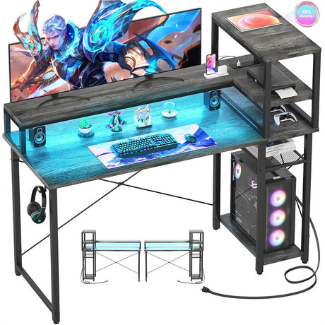 Unikito Gaming Desk with Power Outlet and USB Ports, 47 inch Ergonomic Computer Desk with LED Strip and Monitor Stand, Reversible Small Desk Office Desk Writing Desk with Storage Shelf