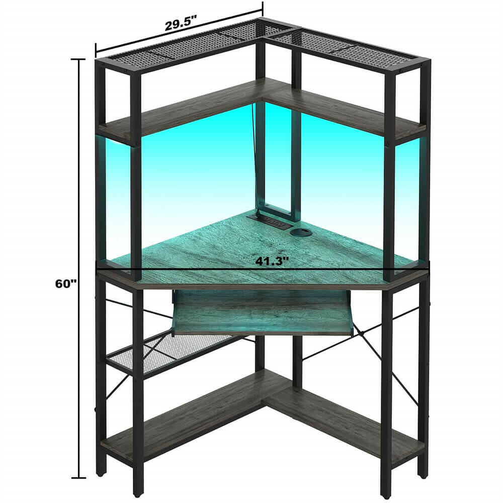 Unikito Small Corner Desk with Hutch, Corner Computer Desk with Power Outlets & LED Light, Triangle Corner Gaming Desk with Keyboard Tray, Corner Table for Home Office, Small Space