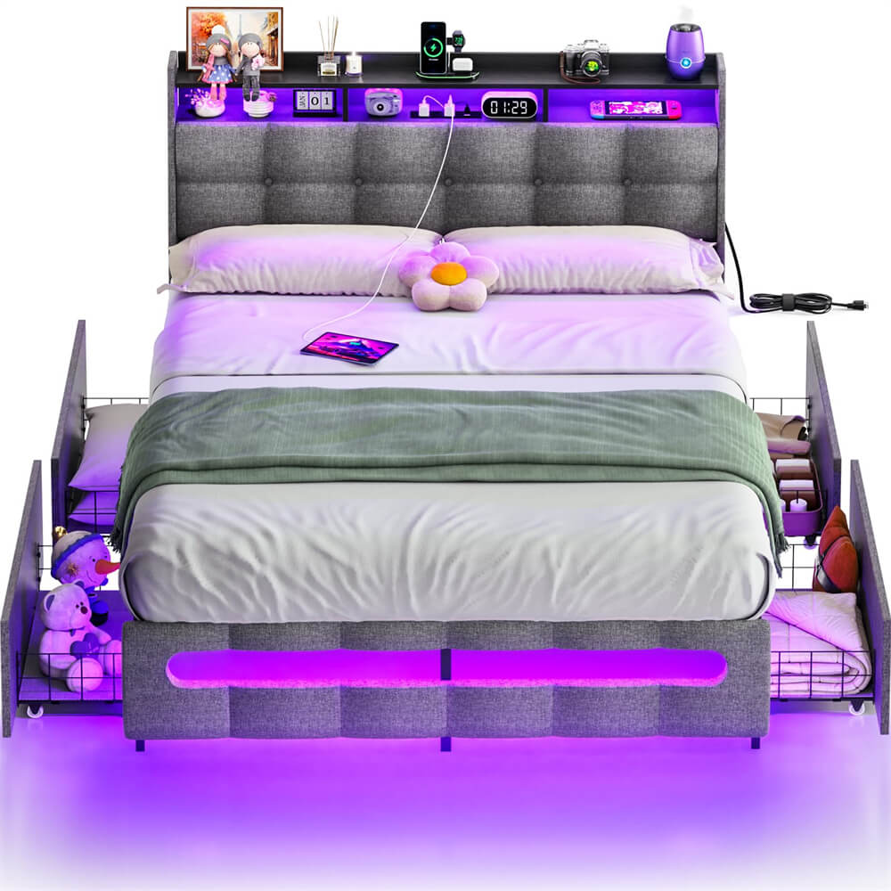 Full Size Bed Frame with Drawers, LED Lights, and Power Outlets, Platform Bed Frame with Upholstered Storage Headboard