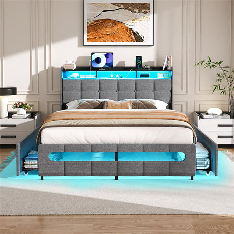 Full Size Bed Frame with Drawers, LED Lights, and Power Outlets, Platform Bed Frame with Upholstered Storage Headboard