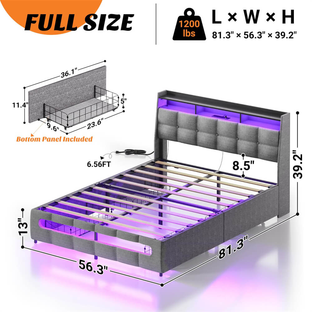 Full Size Bed Frame with Drawers, LED Lights, and Power Outlets, Platform Bed Frame with Upholstered Storage Headboard