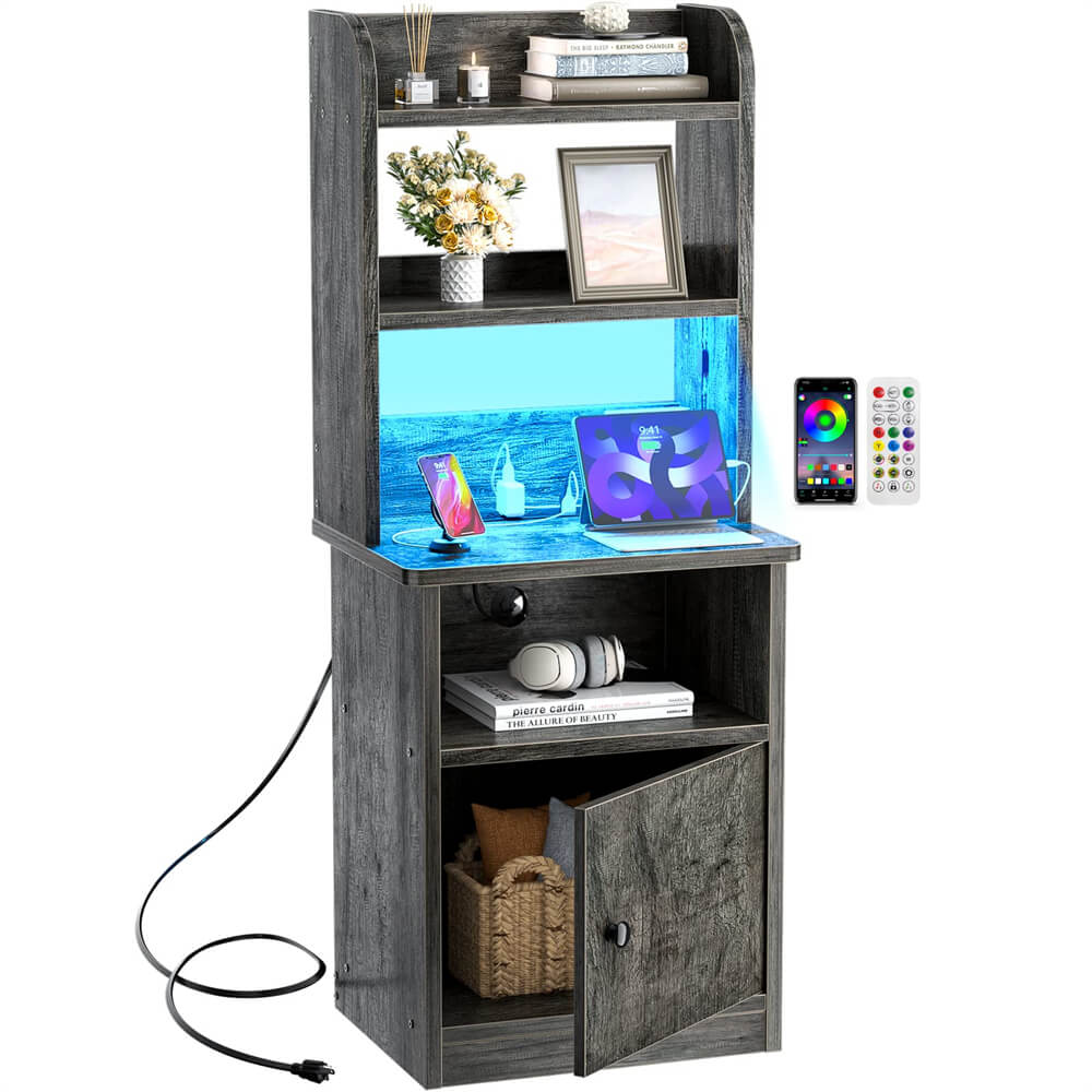 Tall Nightstand with Charging Station and LED Lights, 47 inch Height, with Bookshelf and Storage Cabinet