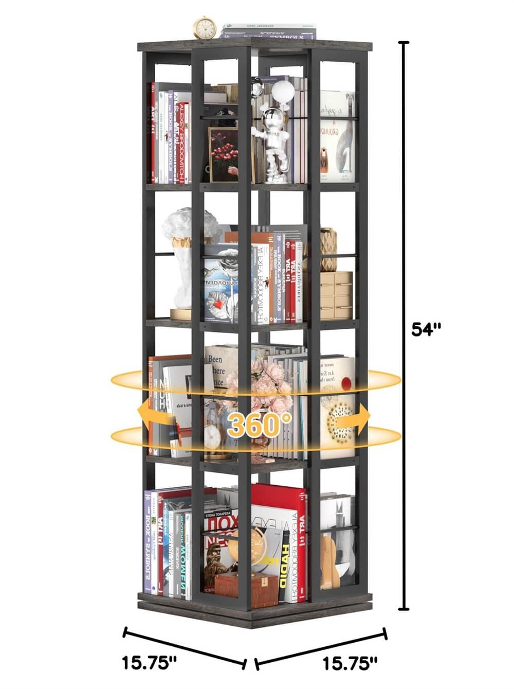 Wooden & Metal Rotating Bookshelf, Corner Bookshelf, 360 Display, for Small Space, Bed Room, Study Room