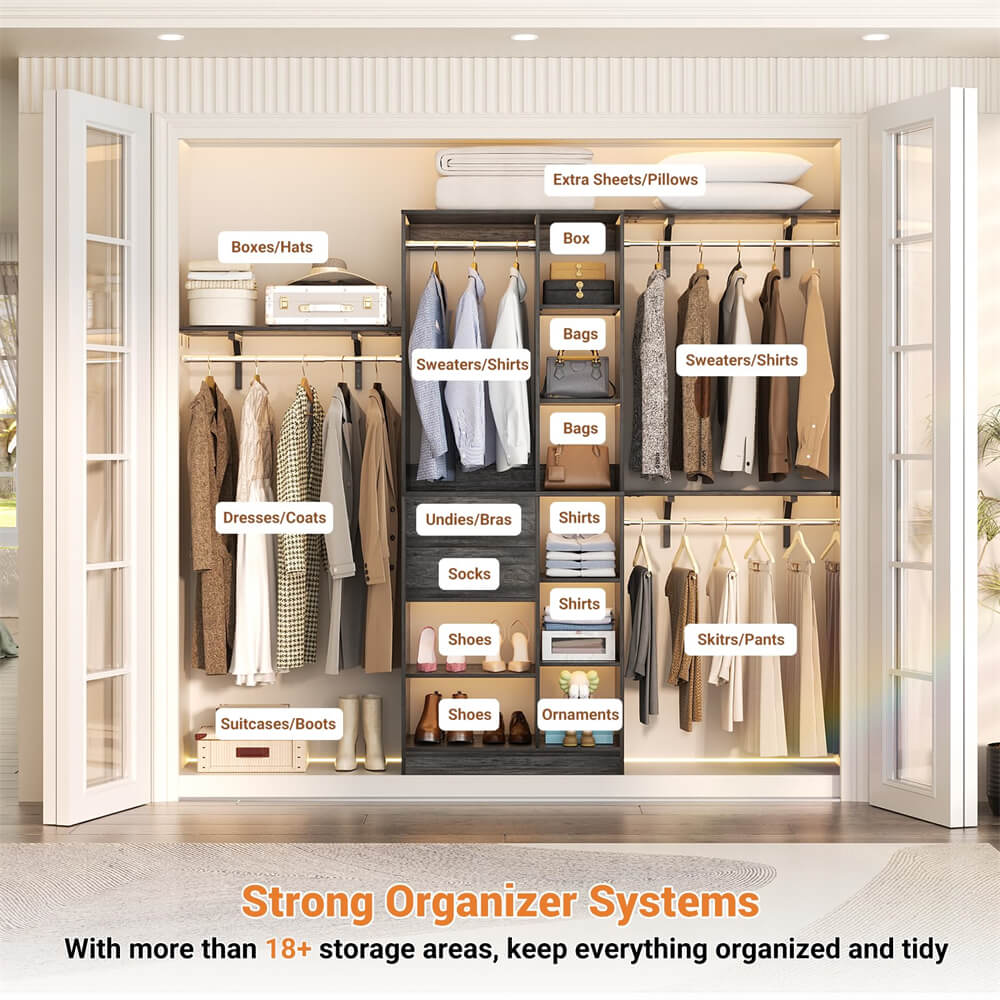 8FT Heavy Duty Closet Organizer System, Walk In Closet System with 13 Shelves and 2 Wood Drawers