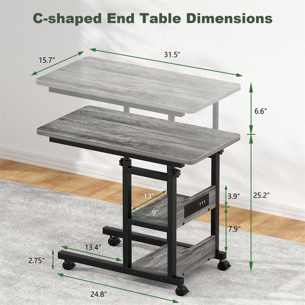 2-Tier Height Adjustable C Shaped End Table with Charging Station, with USB Ports and Wheels