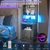 Tall Nightstand with Charging Station and LED Lights, 47 inch Height, with Bookshelf and Storage Cabinet