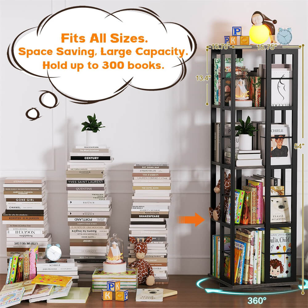 Wooden & Metal Rotating Bookshelf, Corner Bookshelf, 360 Display, for Small Space, Bed Room, Study Room