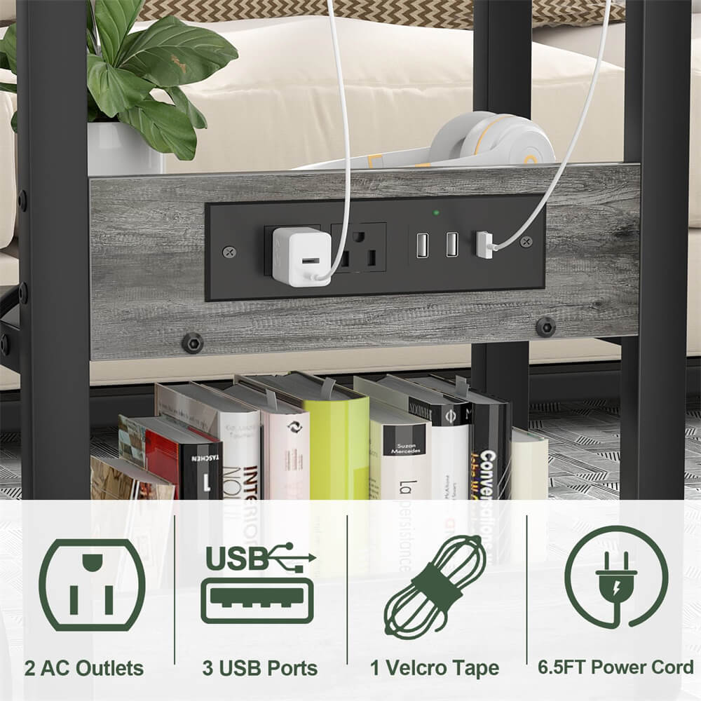 2-Tier Height Adjustable C Shaped End Table with Charging Station, with USB Ports and Wheels