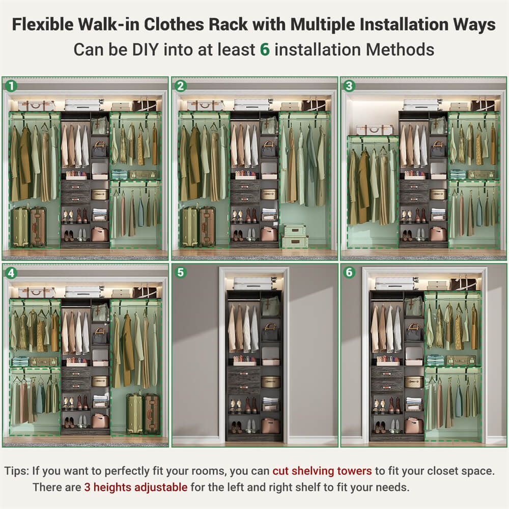 8FT Heavy Duty Closet Organizer System, Walk In Closet System with 13 Shelves and 2 Wood Drawers